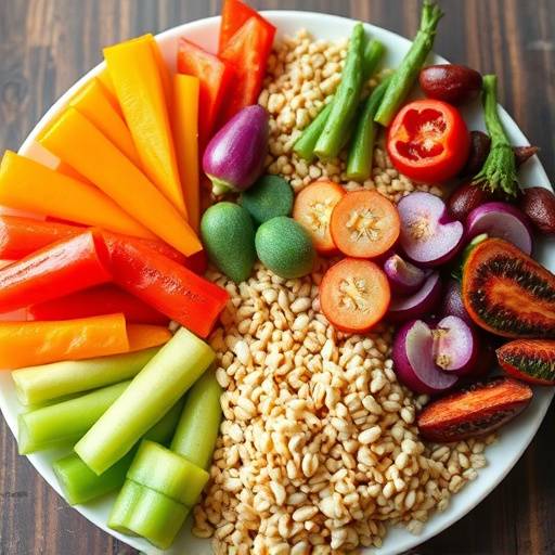 A colorful plate of healthy foods like fruits, vegetables, and grains