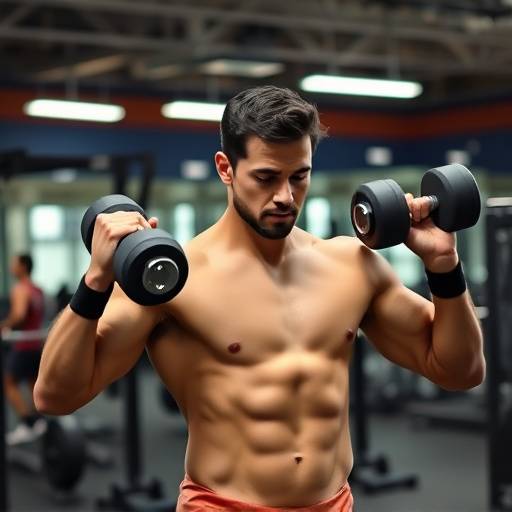 A person lifting dumbbells in a gym setting