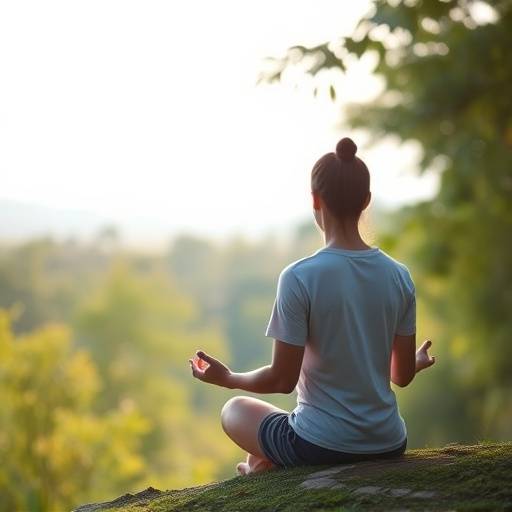 A person meditating outdoors surrounded by nature, representing stress relief.