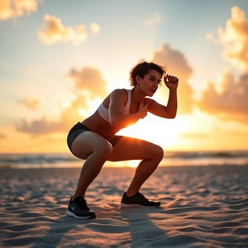 A person performing a bodyweight squat on Miami Beach during sunrise