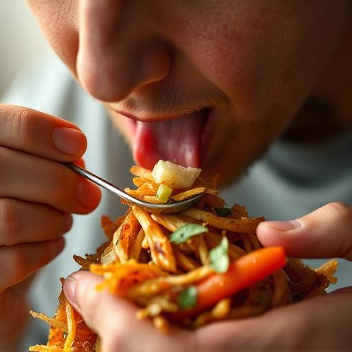 A person practicing mindful eating, focusing on the texture and flavor of their food