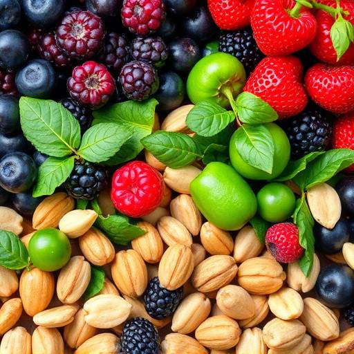 A vibrant assortment of superfoods like berries, leafy greens, and nuts