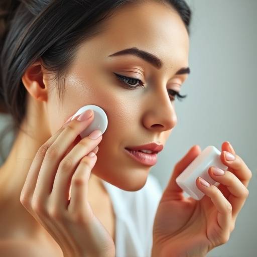 A woman applying face cream, showcasing skincare products.