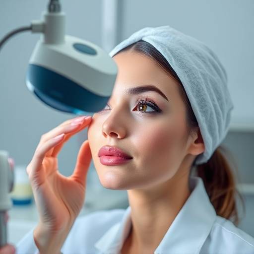 Close-up of a woman's face being analyzed by a skincare professional using a magnifying lamp.