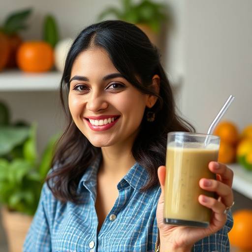 Dr. Anya Sharma, a registered dietitian, smiling and holding a healthy smoothie.